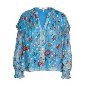 DEREK LAM 10 CROSBY Blue Ruffled Metallic Floral Long Sleeve Blouse